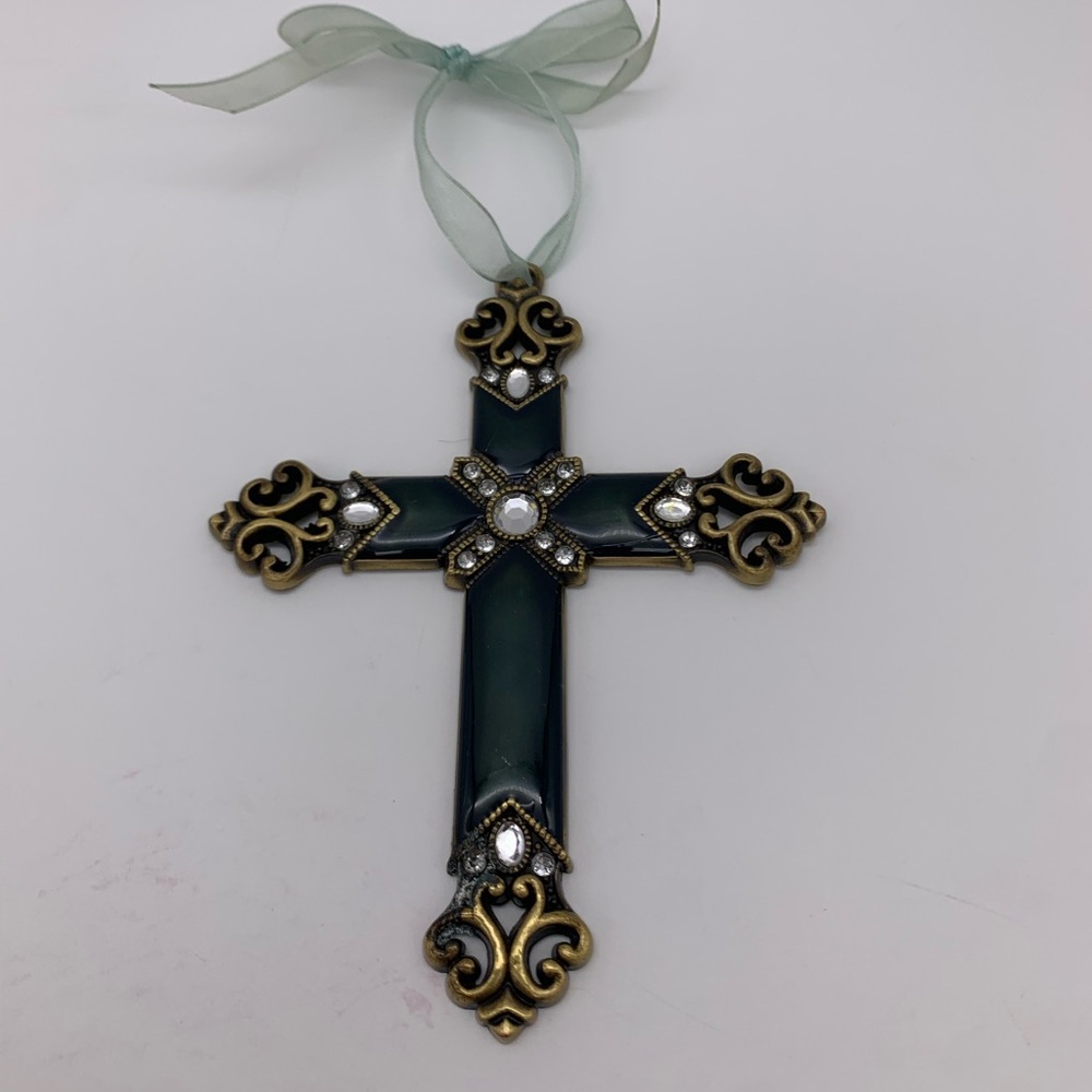 Vtg. Metal Cross Marbled Enamel With Crystal Rhinestone Accent Organza Ribbon